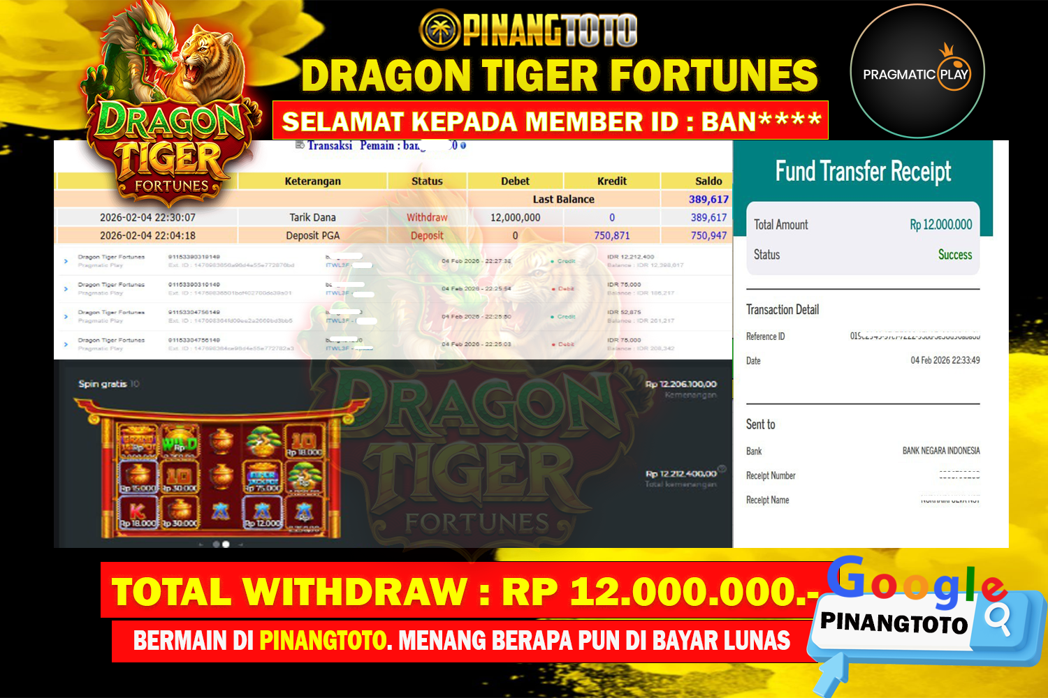 SELAMAT KEPADA PEMENANG MEMBER MERAIH JACKPOT DI GAME SLOT DRAGON TIGER FORTUNES TOTAL RP 12.000.000 DI BAYAR LUNAS